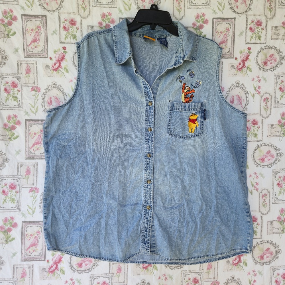 Vtg Disney Winnie The Pooh Denim Sleeveless Shirt Womens Plus Size 22W 24W Vest